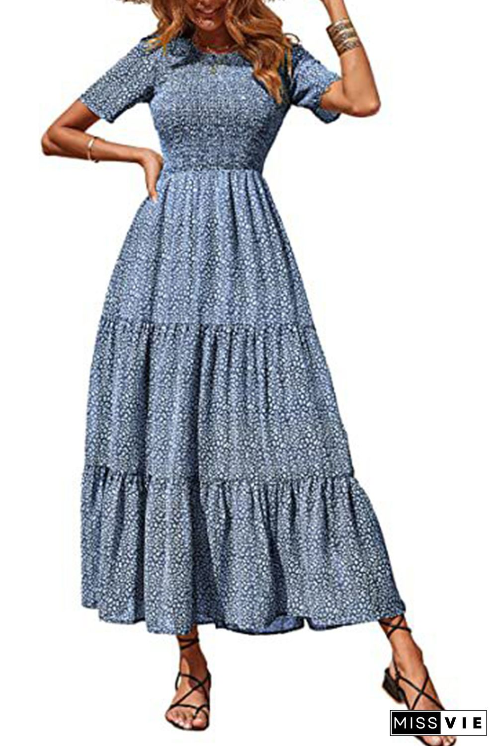 Floral Print Short Sleeve O Neck Long Dress Wholesale