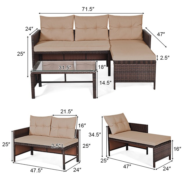 Tangkula 3pc Outdoor Furniture Set Rattan Wicker Sofa Table Deck Garden Patio