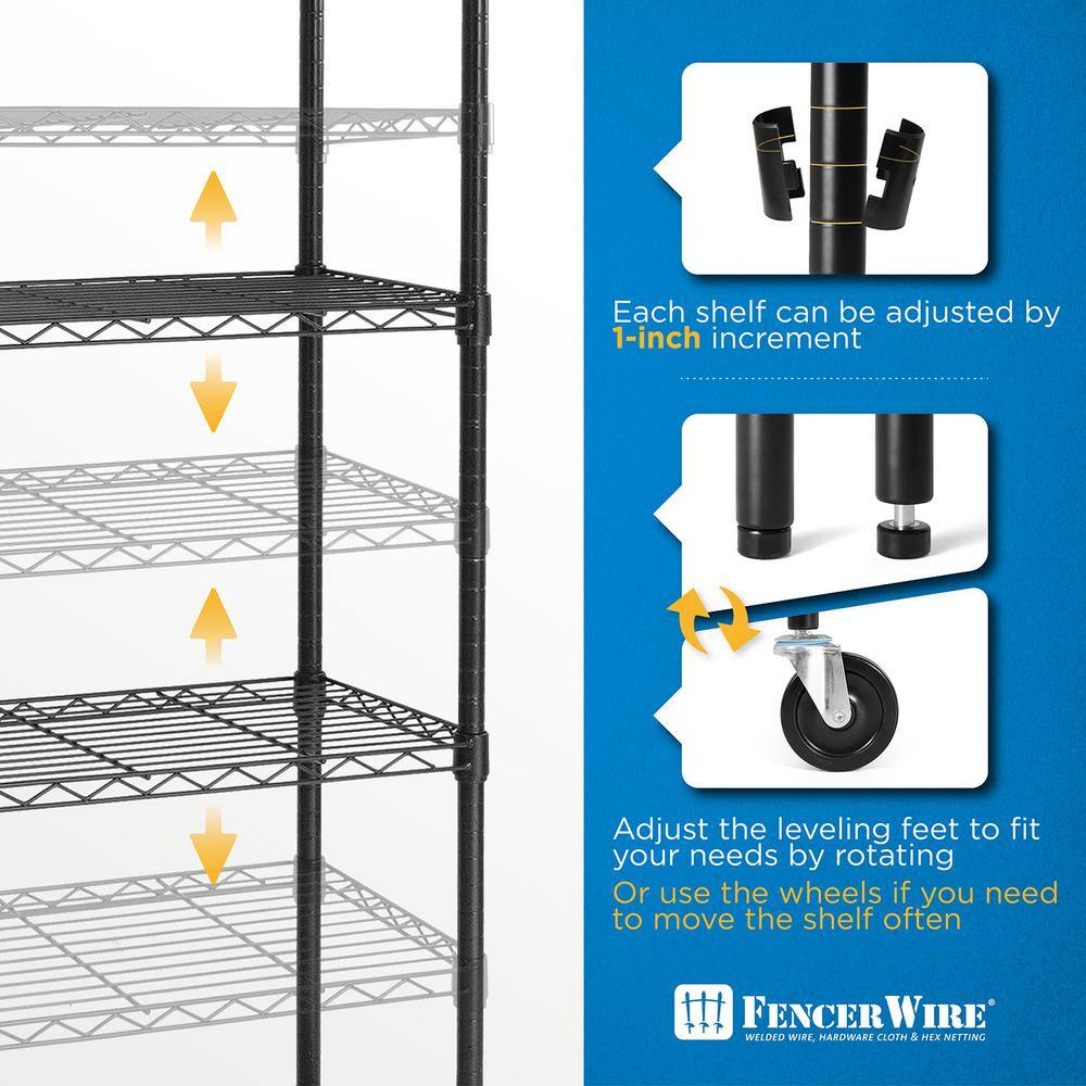 Fencer Wire Black 4-Tier Metal Garage Storage Shelving Unit with Casters and Leveling Feet (60 in. W x 24 in. D x 76 in. H) RWW-CH60244WBK