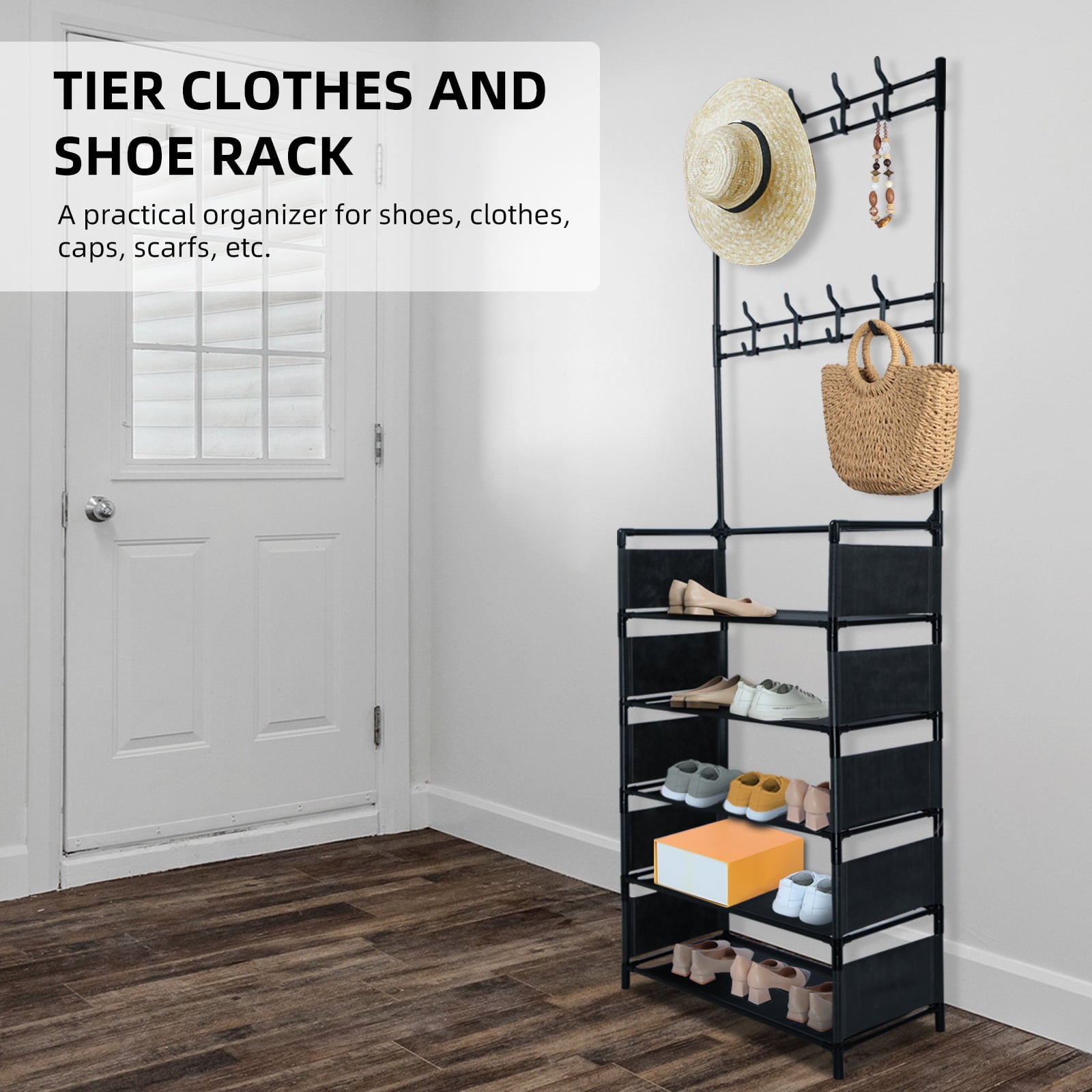 CACAGOO 5 Tiers Metal Shoe Rack Hat Rack Adjustable Hall Tree Shoe and Hat Rack for Shoes Storage and Coat Rack for Living Room Entryway