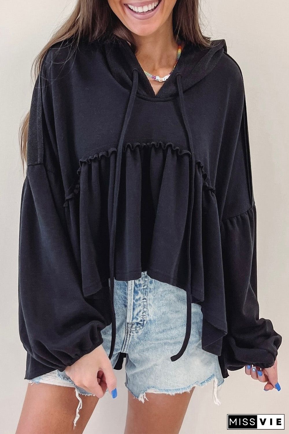 Black Oversized Ruffled High Low Hem Drop Shoulder Hoodie