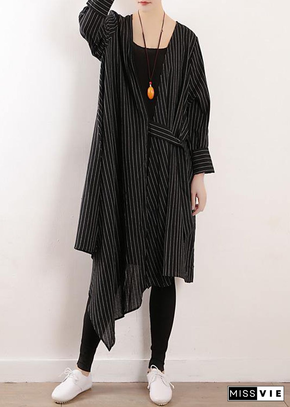 Organic black striped cotton Long Shirts v neck asymmetric Maxi Dresses