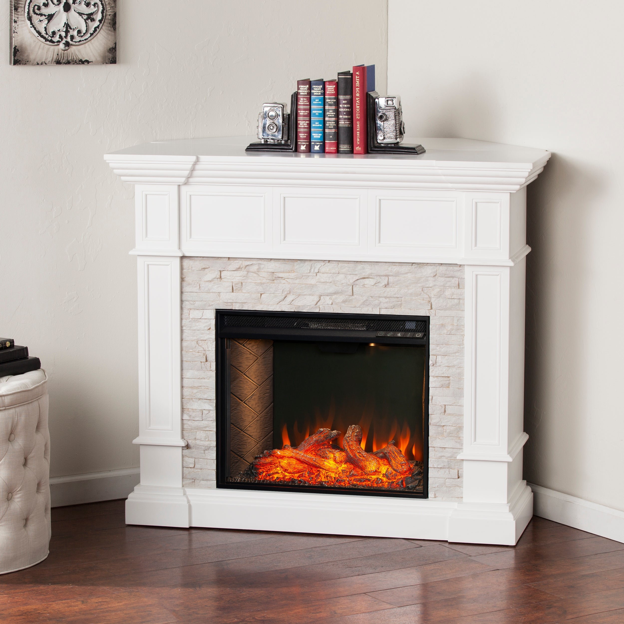 SEI Addao Freestanding Smart Convertible Corner Fireplace in White with Faux Stone