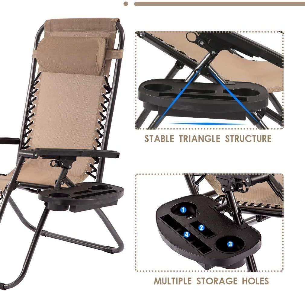 YRLLENSDAN Outdoor Zero Gravity Folding Chair 2 Pack， Portable Lounge Chairs Recliners with Adjustable Pillows and Cup Holder Tray - Tan