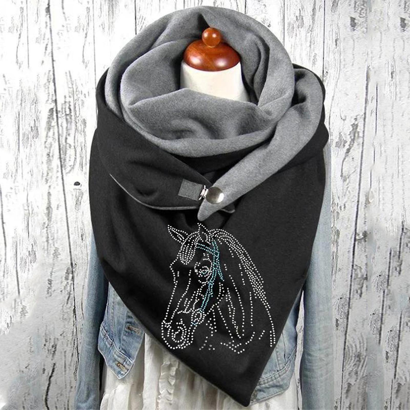 Women Cotton Print Horse Note Rose Star Warm Button Turban Scarf