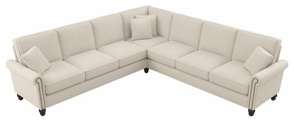 Pemberly Row 111W L Shaped Sectional in Cream Herringbone Fabric   Traditional   Sectional Sofas   by Homesquare  Houzz