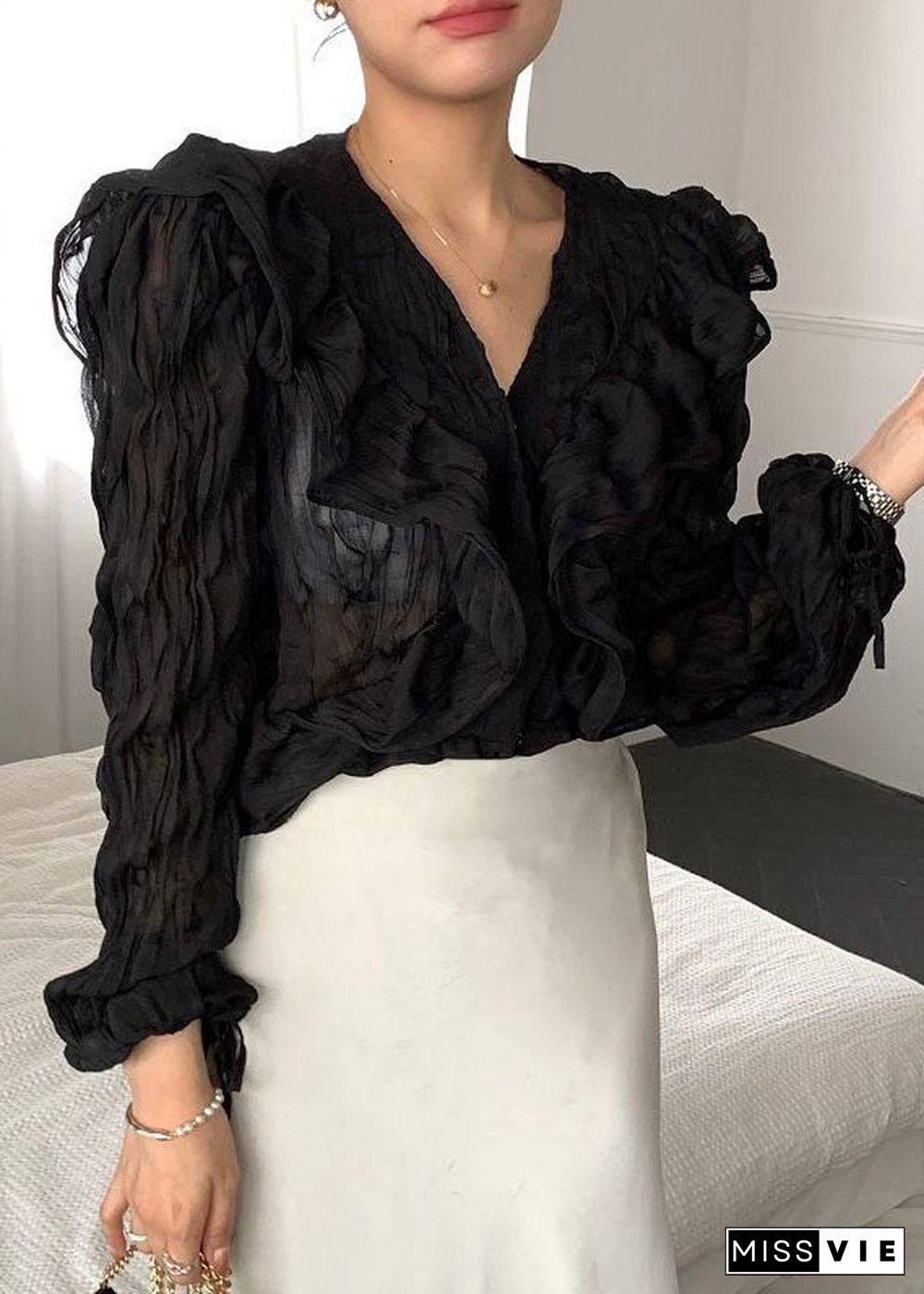 Black Patchwork Chiffon Shirts Tops Ruffled V Neck Spring