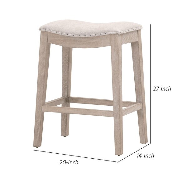 27 Inch Coastal Counter Height Wood Stool， Nailhead Trim Fabric Seat， Gray