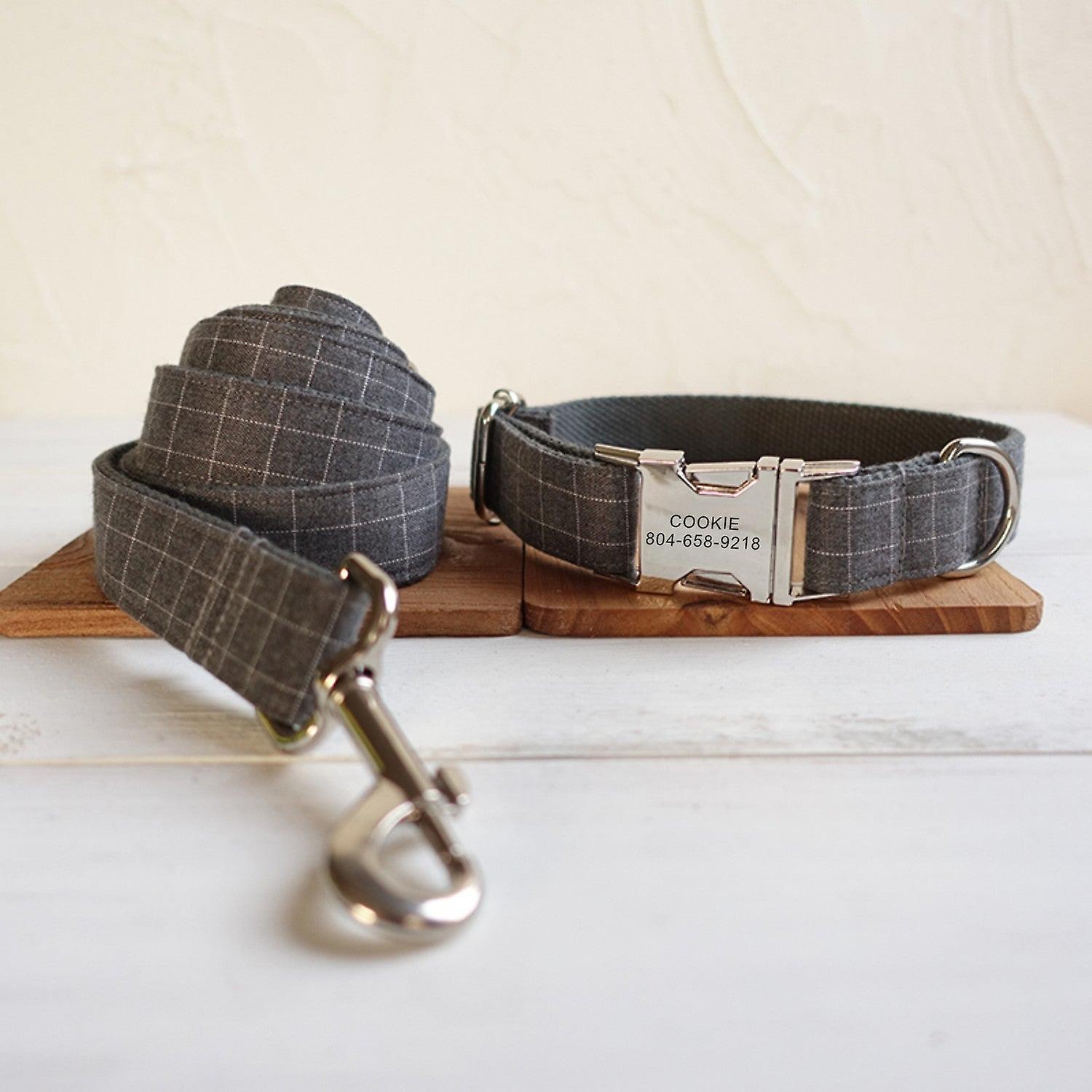 Grey grid engraved dog collar