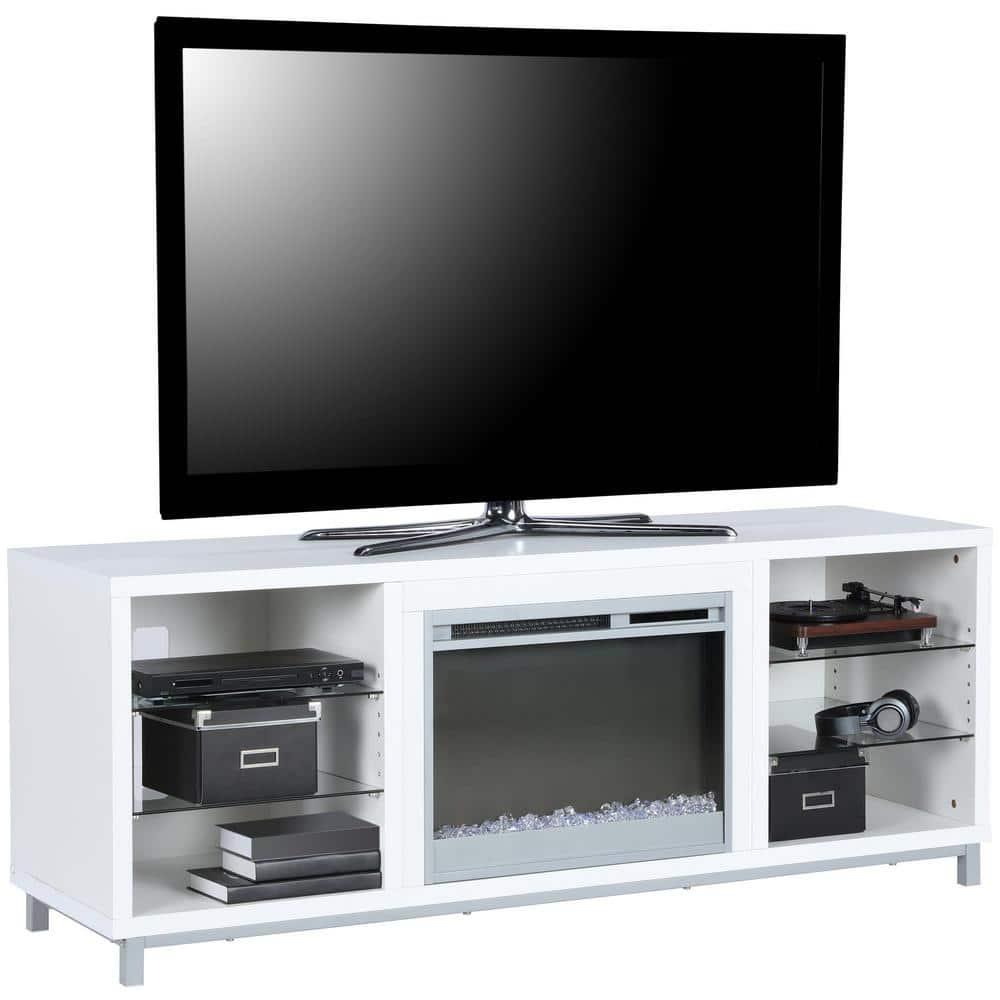 Ameriwood Home Cleavland 65 in White Particle Board TV Stand Fits TVs Up to 70 in with Electric Fireplace