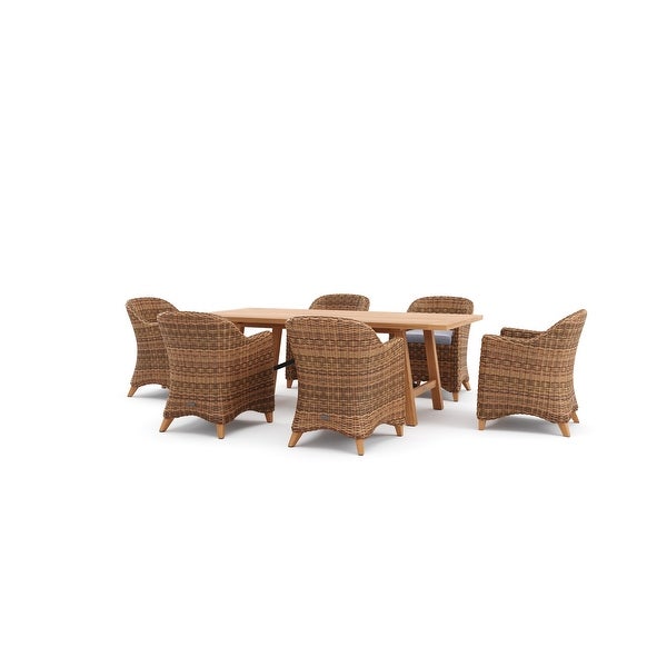 Winston Truss 7-Piece Natural Teak Fully Woven Vintage Earth Weave Captain's Chair and Teak Dining Table Dining Set -  - 32282834