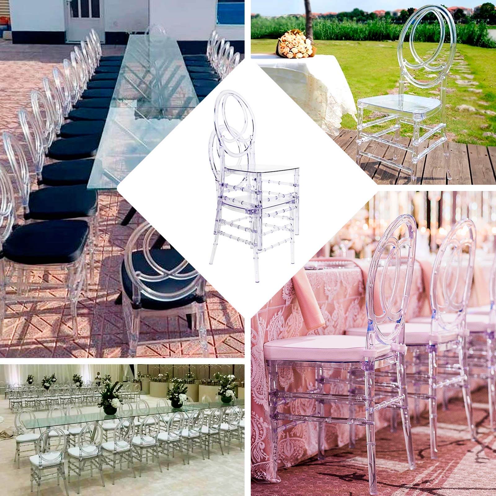 Stackable Clear Acrylic Phoenix Chiavari Ghost Chair, Transparent Resin Armless Oval Back Event Chair