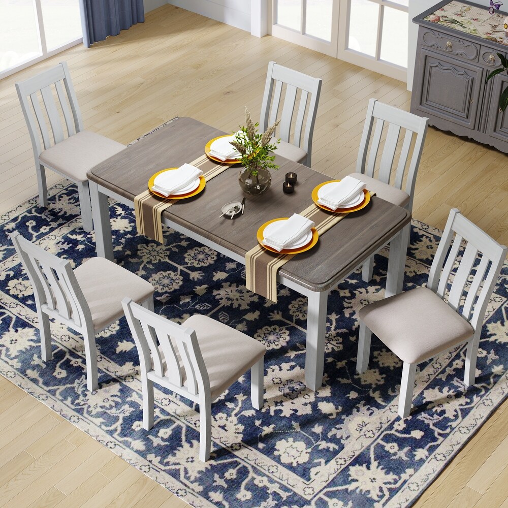 7 Piece Dining Set with Rectangular Extendable Dining Table and Slat Back Upholstered Dining Chairs for Dining Room