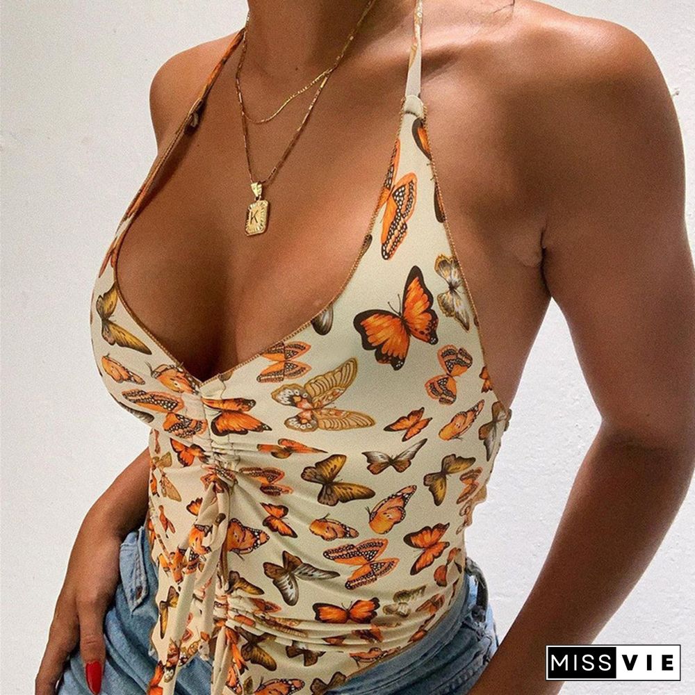 Women V Neck Pink Crop Top Summer Halter Backless Off Shoulder Bandage Ruched Print Red Y2K Sexy Tank Tops Vintage