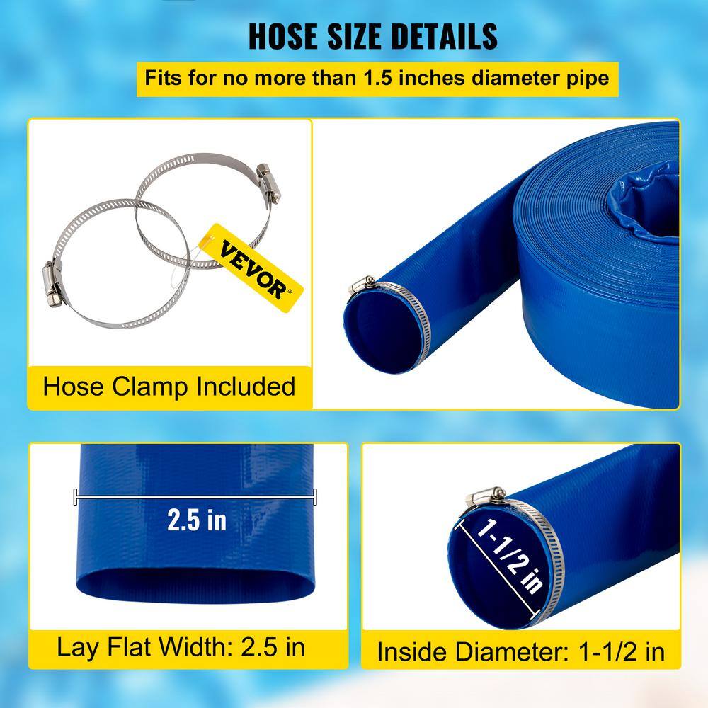 VEVOR Discharge Hose 1-12 in. Dia x 105 ft. PVC Fabric Lay Flat Hose with Clamps Heavy Duty Backwash Drain Hose Burst-Proof YCFCXR1.5X1001SMXV0