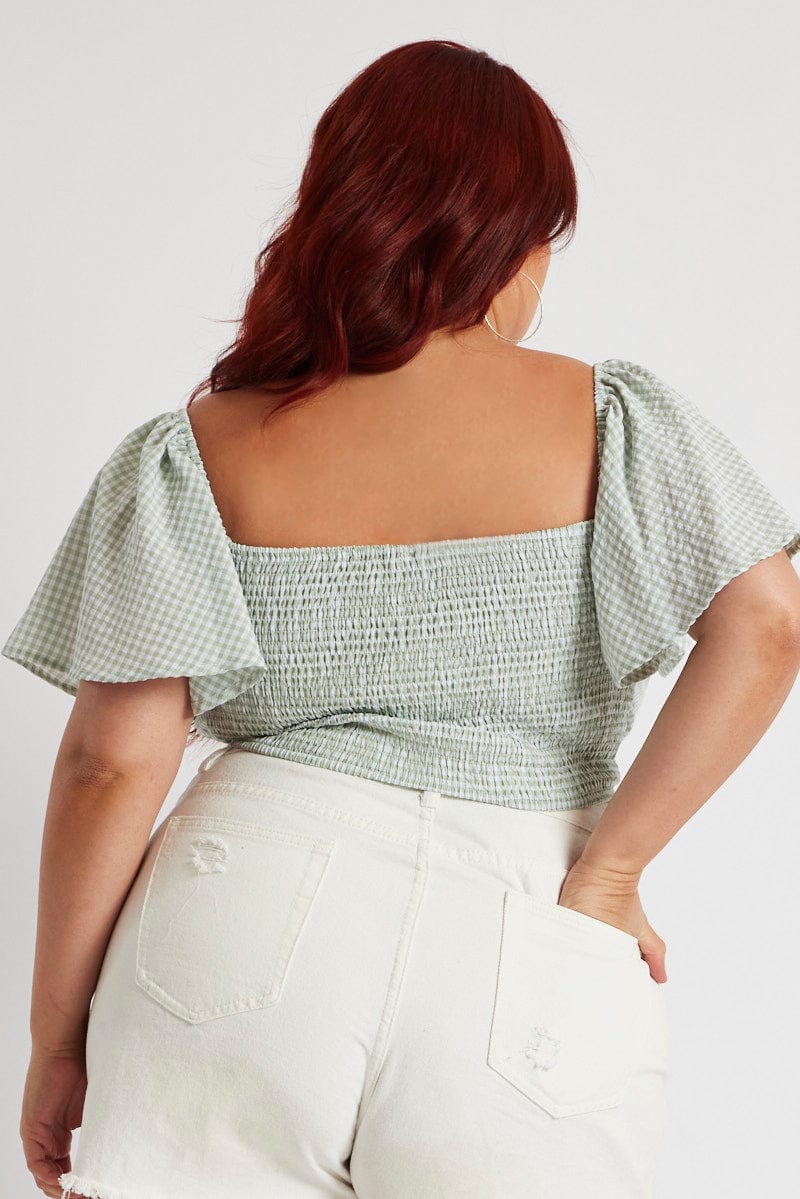 Green Check Crop Top Short Sleeve Cut Out