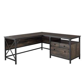 SAUDER Steel River 66.063 in. Engineered Wood 3-Drawer L-Shaped Carbon Oak Computer Desk with Metal Frame 427855