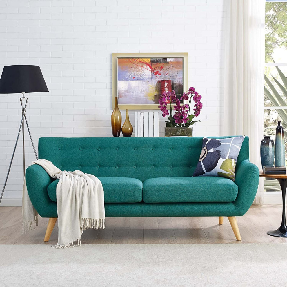 Retro Sofa  Natural Wooden Legs  ampPolyester Seat With Button Tufted Back  Teal   Transitional   Sofas   by Decor Love  Houzz