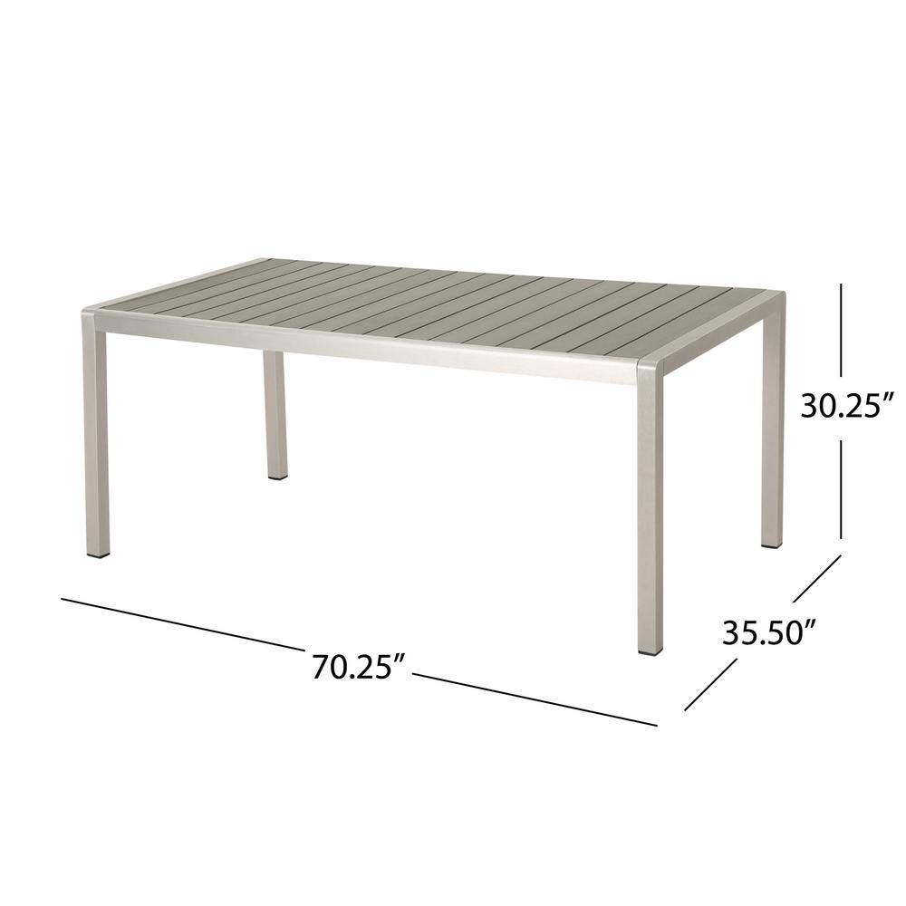 Noble House Cape Coral Silver Rectangular Aluminum Outdoor Dining Table with Gray Faux Wood Top