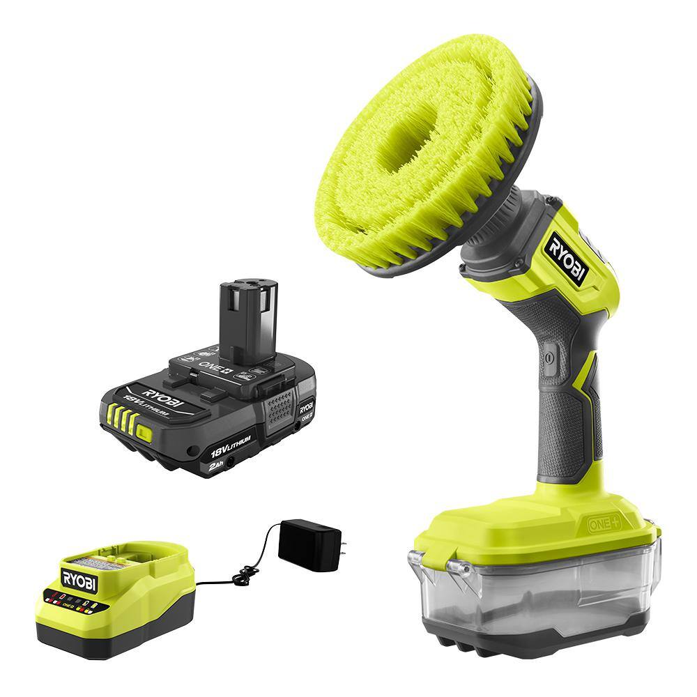 RYOBI ONE+ 18V Cordless Compact Power Scrubber Kit with 2.0 Ah Battery and Charger P4510K