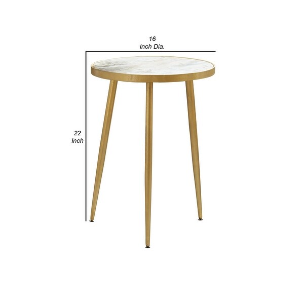 22 Inch Modern Accent Table， Round Marble Top， White， Gold