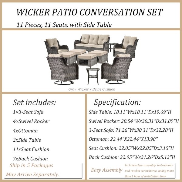 Wicker Patio Furniture Conversation Set with High Back Swivel Chairs and Storage Ottomans，Cushions Included🎃