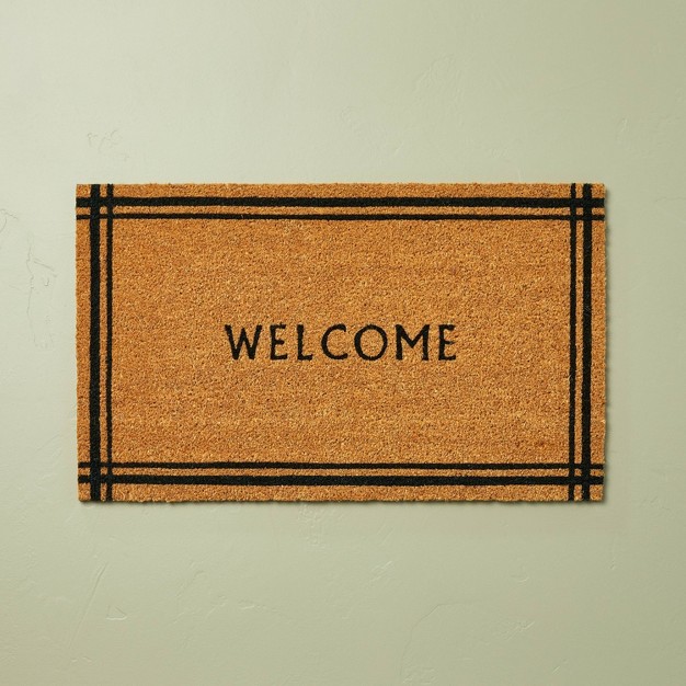 Border Stripe Welcome Coir Doormat Tan black With Magnolia