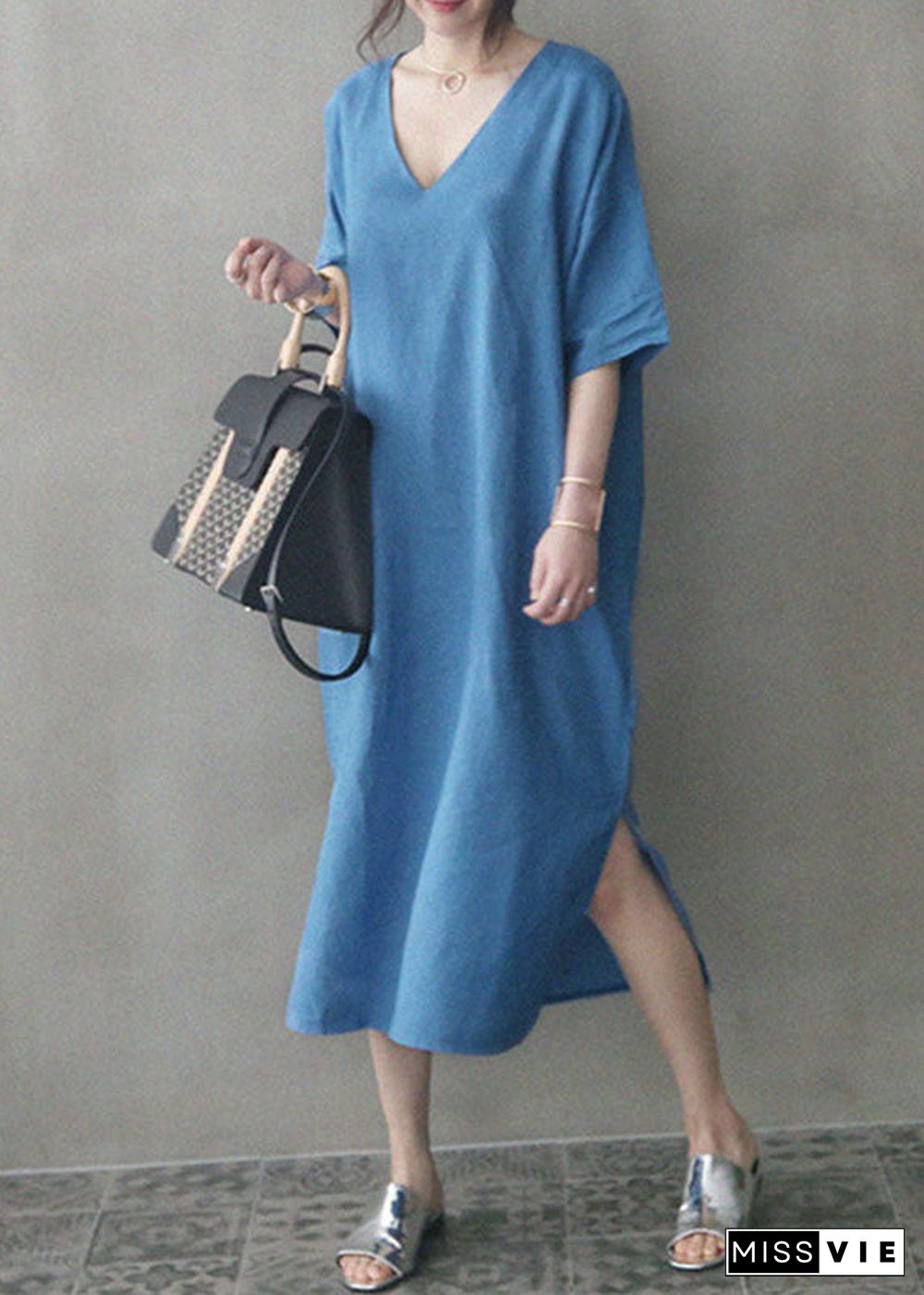 Chic Blue V Neck Patchwork Side Open Linen Maxi Dress Summer