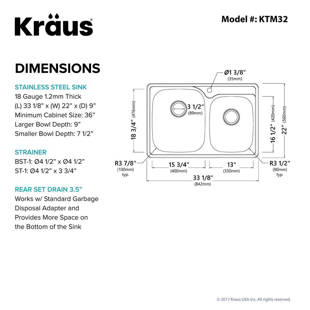 KRAUS Drop-In Stainless Steel 33 in. 1-Hole 6040 Double Bowl Kitchen Sink Kit KTM32