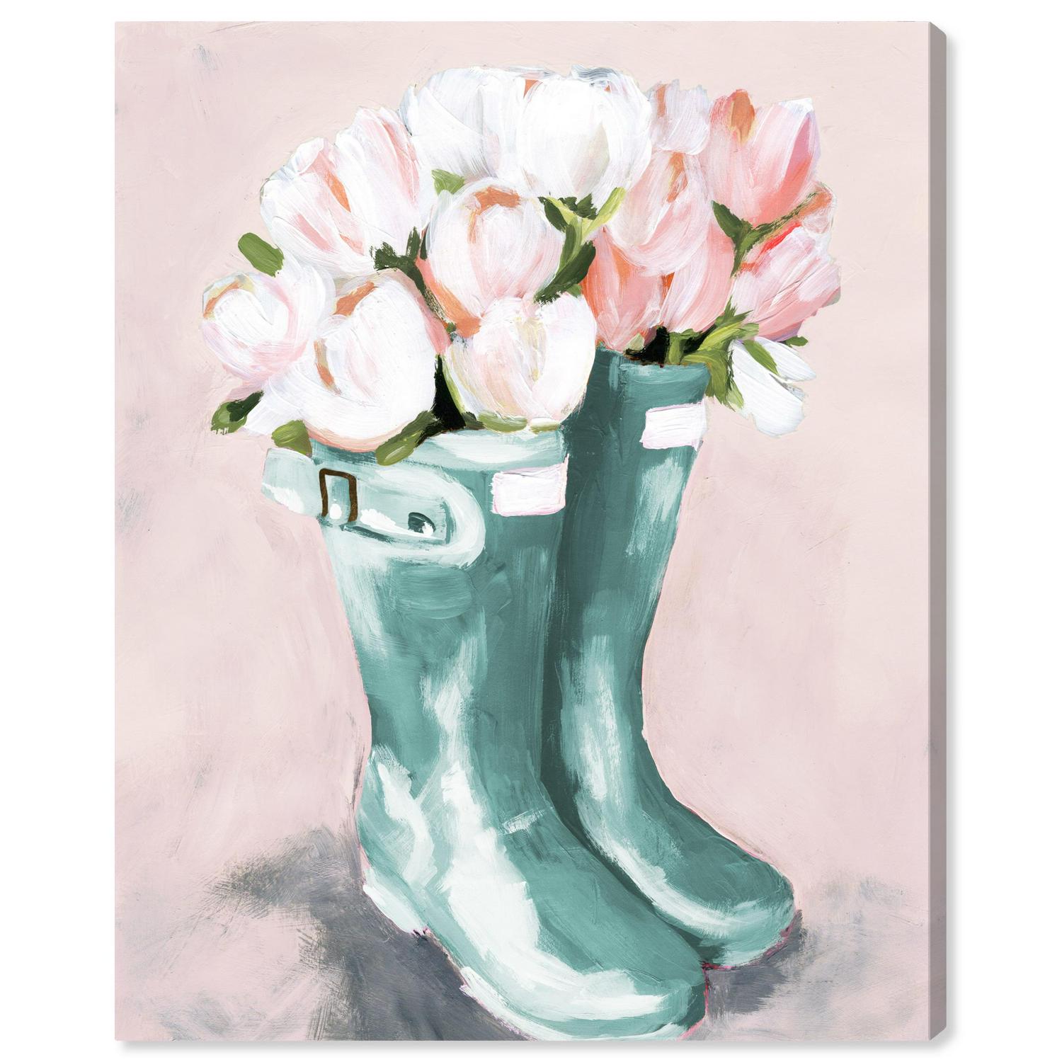 Runway Avenue Fashion and Glam Wall Art Canvas Prints and#8216;Pastel Rainboots and Flowers Home DA(C)cor， 24 x 36 ， Blue， Pink