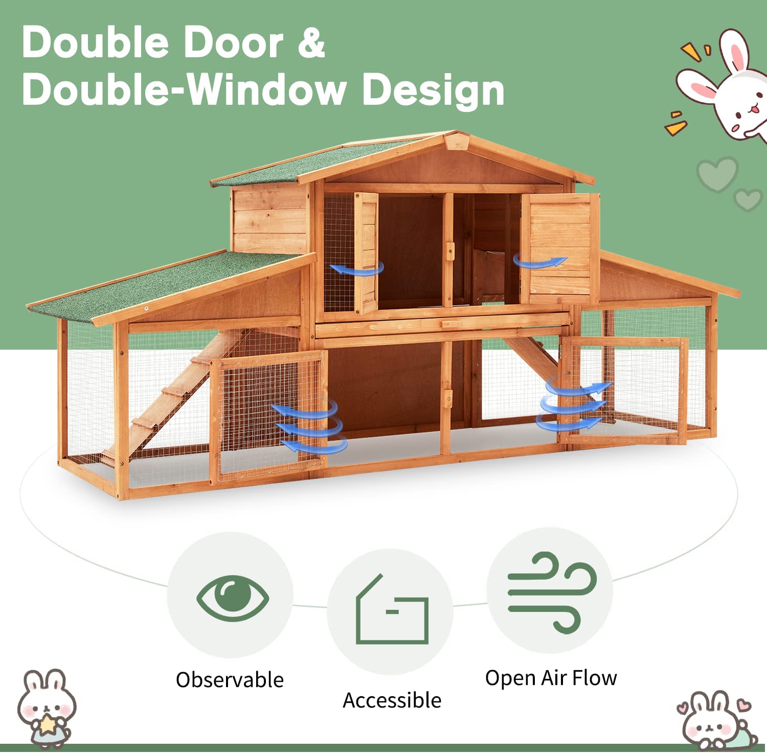 Yoleny Rabbit Hutch Wooden Two Story Bunny Cage Indoor Rabbit Cage Outdoor， Guinea Pig House Hamster Hideout， Galvanized Mesh Wires， Weatherproof Asphalt Roof