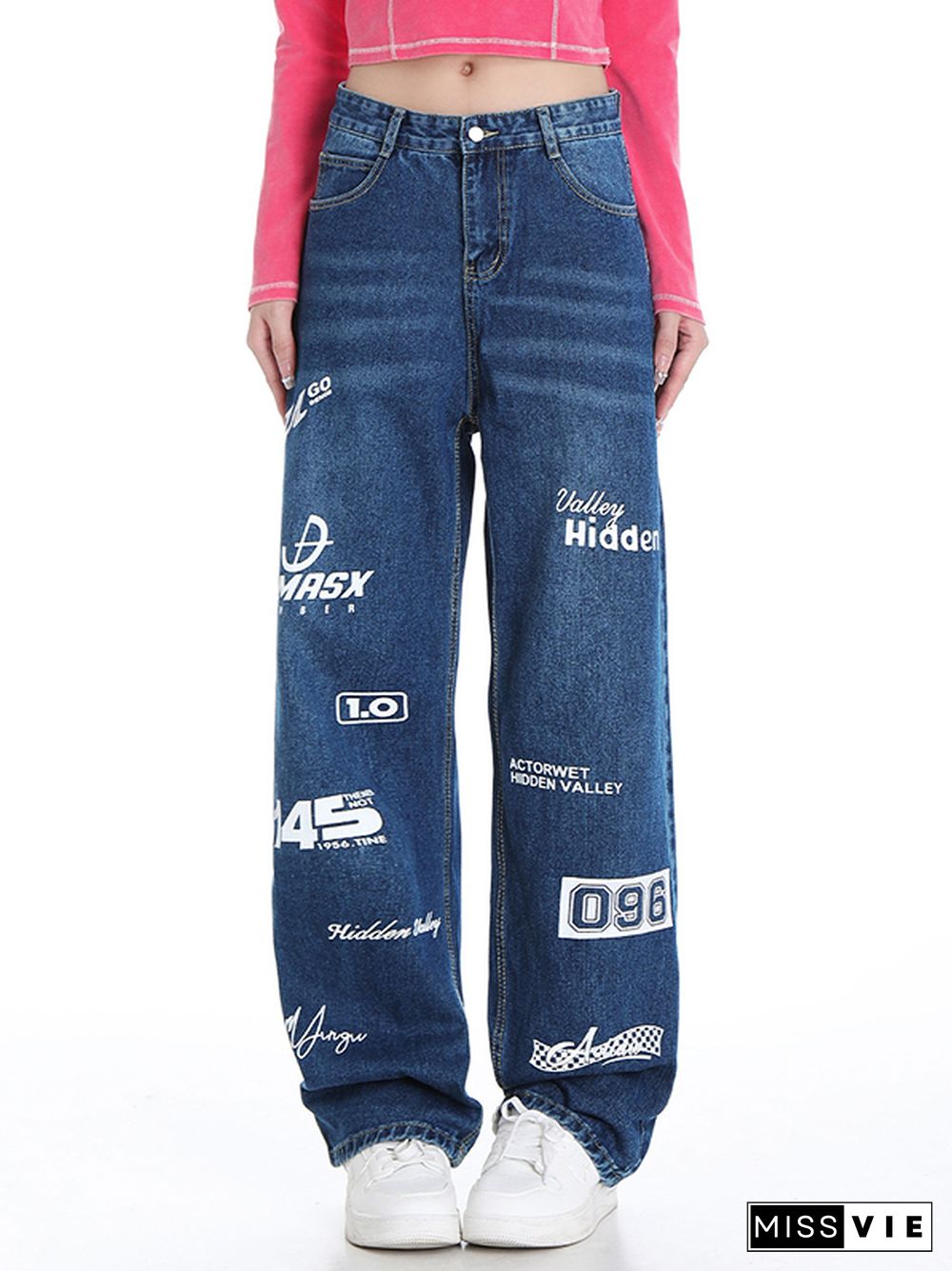 Vintage Letter Print High Rise Boyfriend Jeans