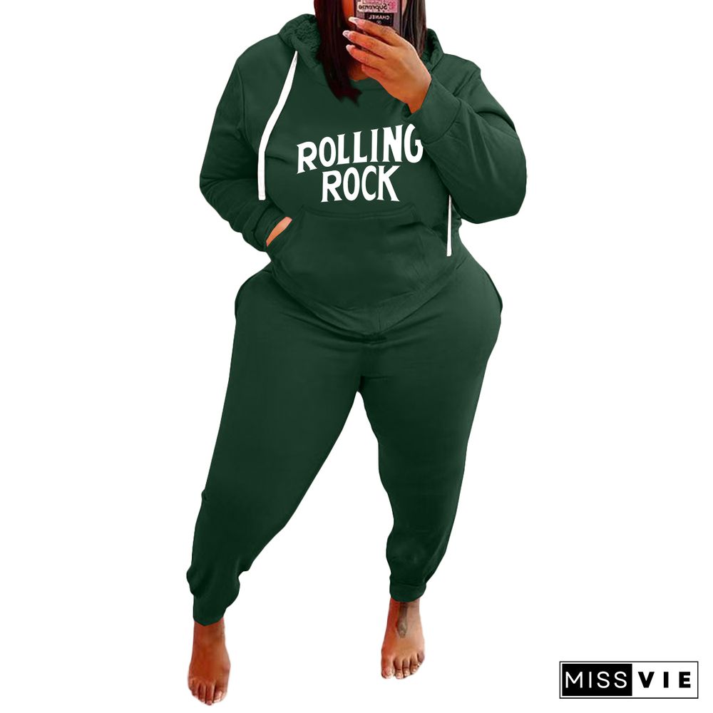 Plus Size Letter Print Hooded Sweatshirt And Pants Suit