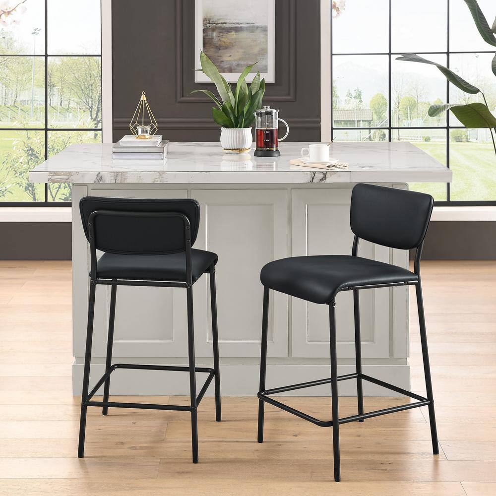 34.50 in. Black Low Back Metal Bar Stools, Dining Chair Counter Stools with Footrest and Faux Leather Seat (Set of 2) HY02011Y