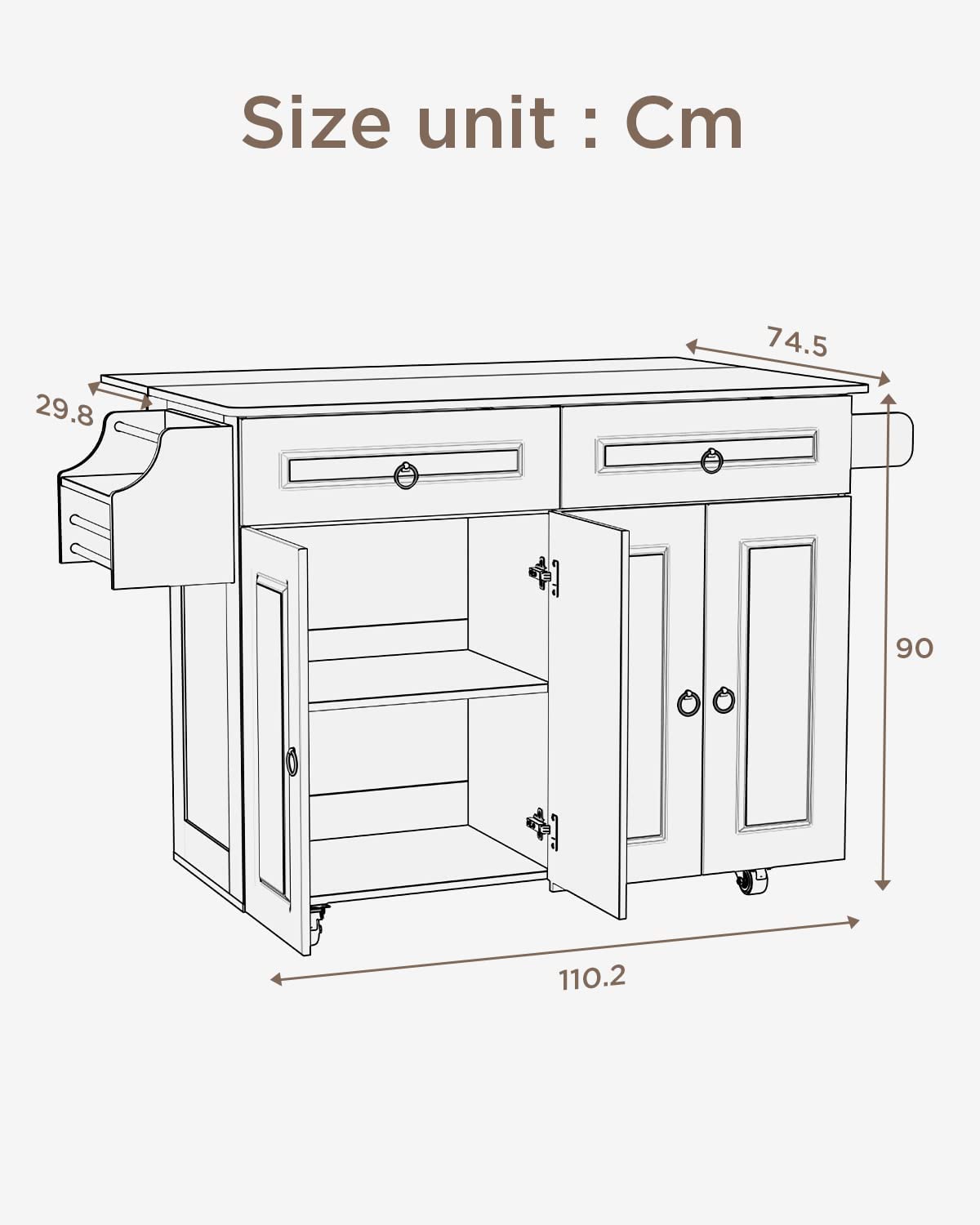 Lofka Kitchen Island with Storage on Wheels w/Drop-Leaf， Spice Rack， Brown