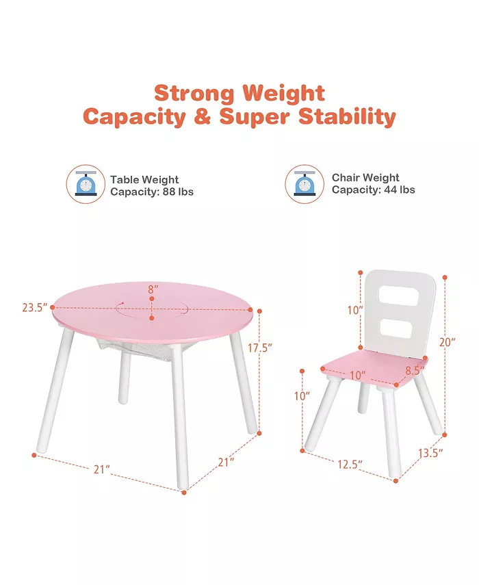 Costway Kids Wooden Round Table and 2 Chair Set w  Center Mesh Storage