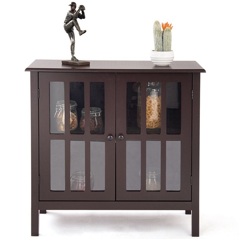 Brown Wood Sideboard Buffet Cabinet With Glass Panel Doors