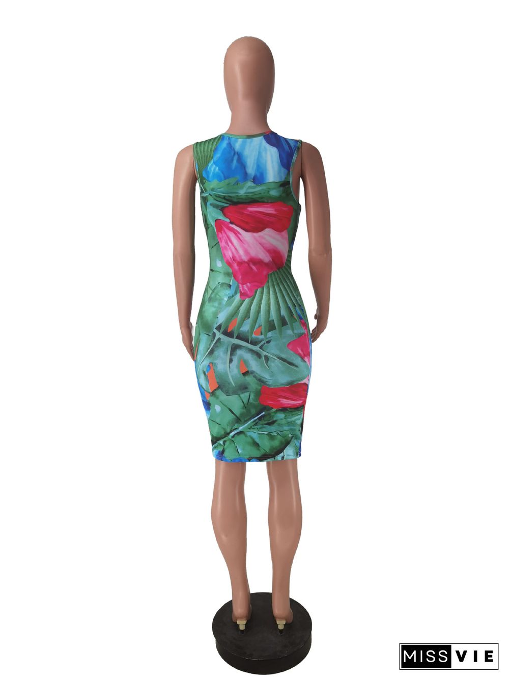 Women Clothing Sexy Summer Print Sleeveless O Neck Basic Bodycon Midi Club Party Dresses