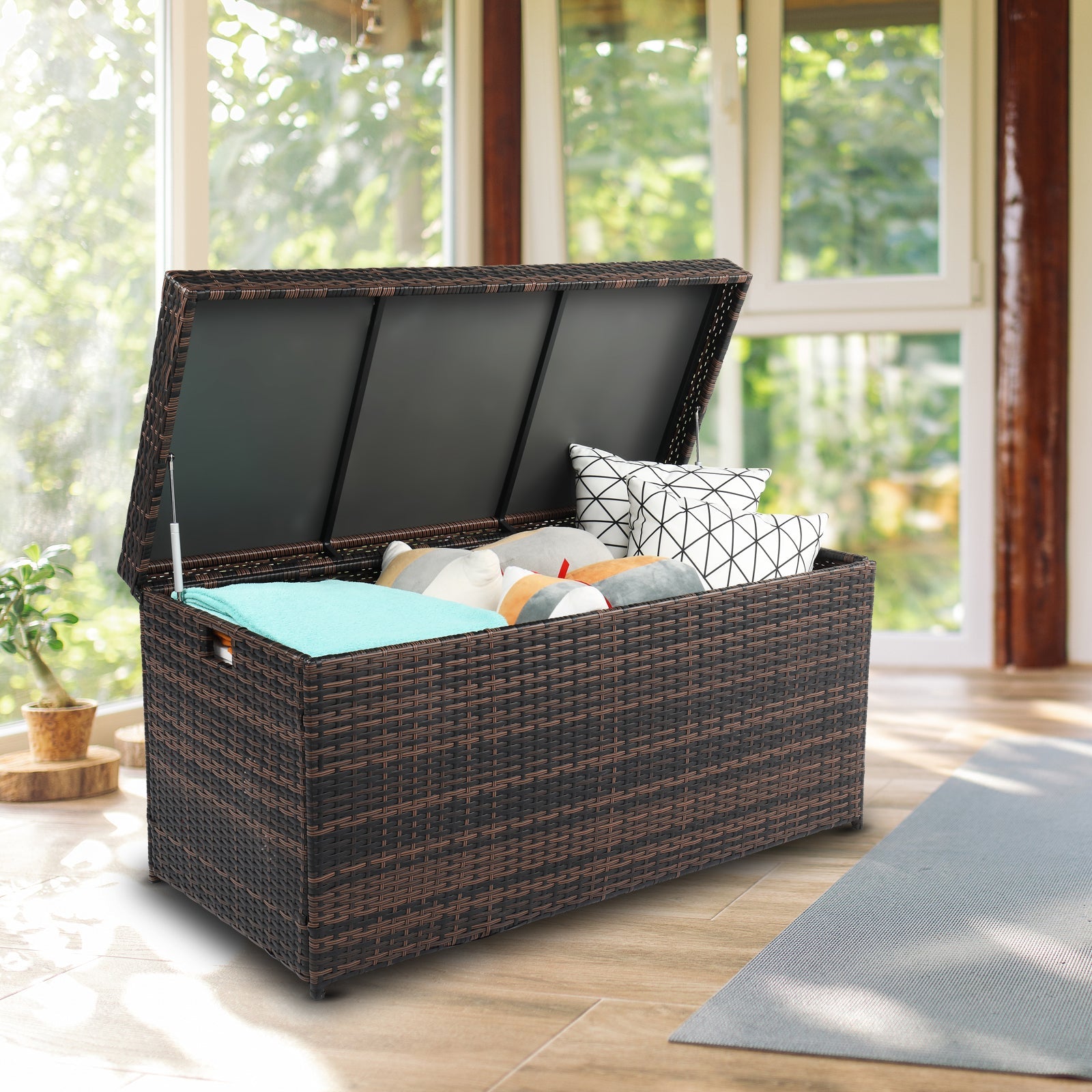 VINGLI Extra Large 132 Gallon Outdoor Rattan Storage Box, Patio Wicker Deck Box, Brown