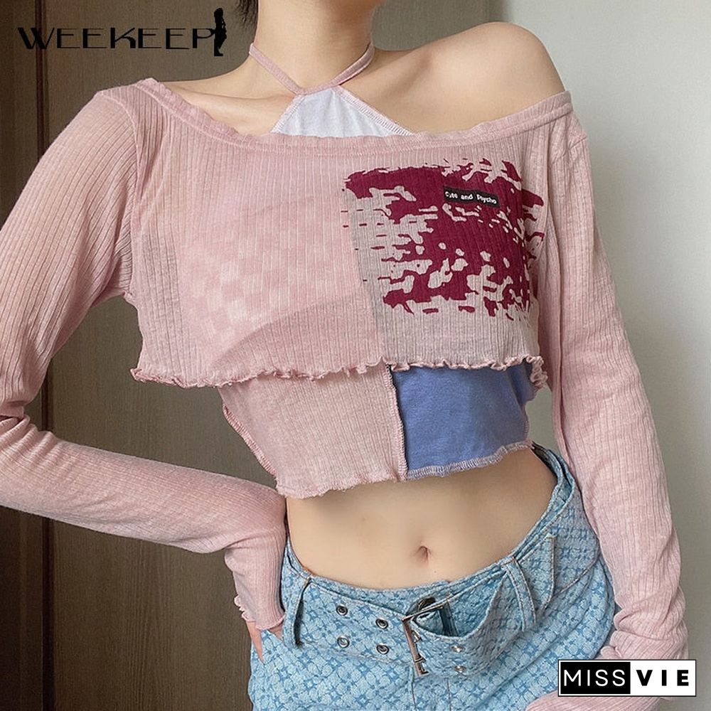 Weekeep Cute Patchwork T-Shirt Two Piece Women Long Sleeve Transparent Tee And Tie Up Halter Cropped Tops Summer Kawaii Harajuku