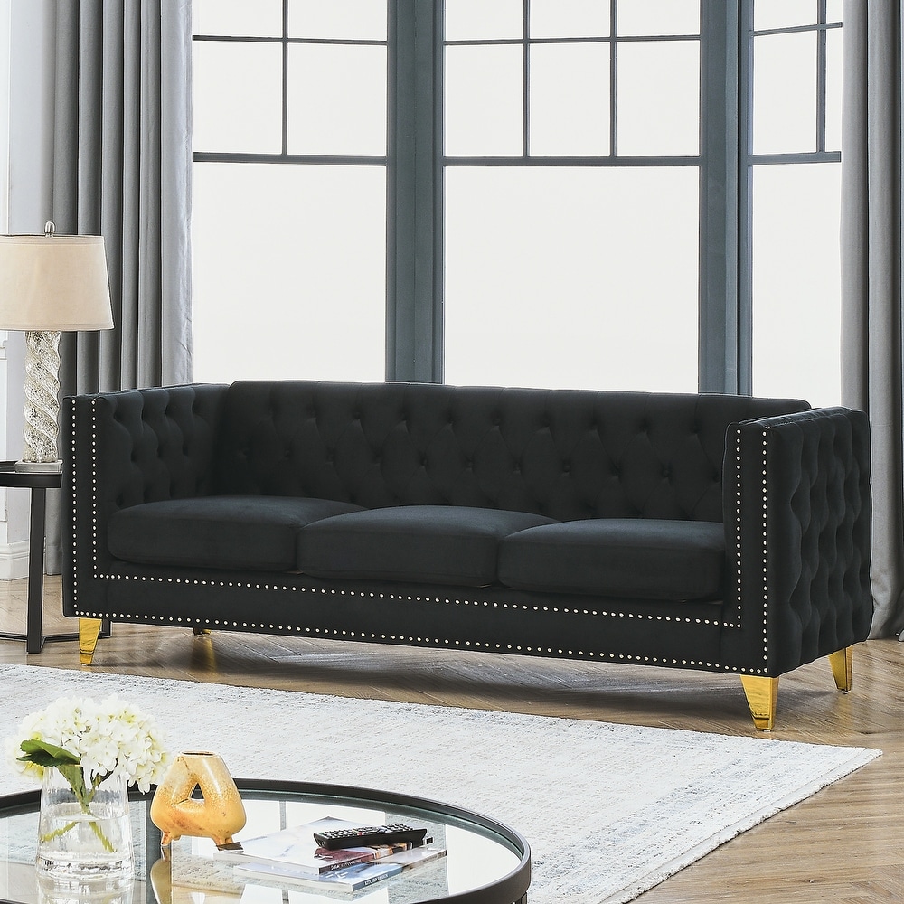 Velvet Sofa for Living Room Buttons Tufted Square Arm Couch  Modern Couch Upholstered Button and Metal Legs  3 Seater Sofa Couch