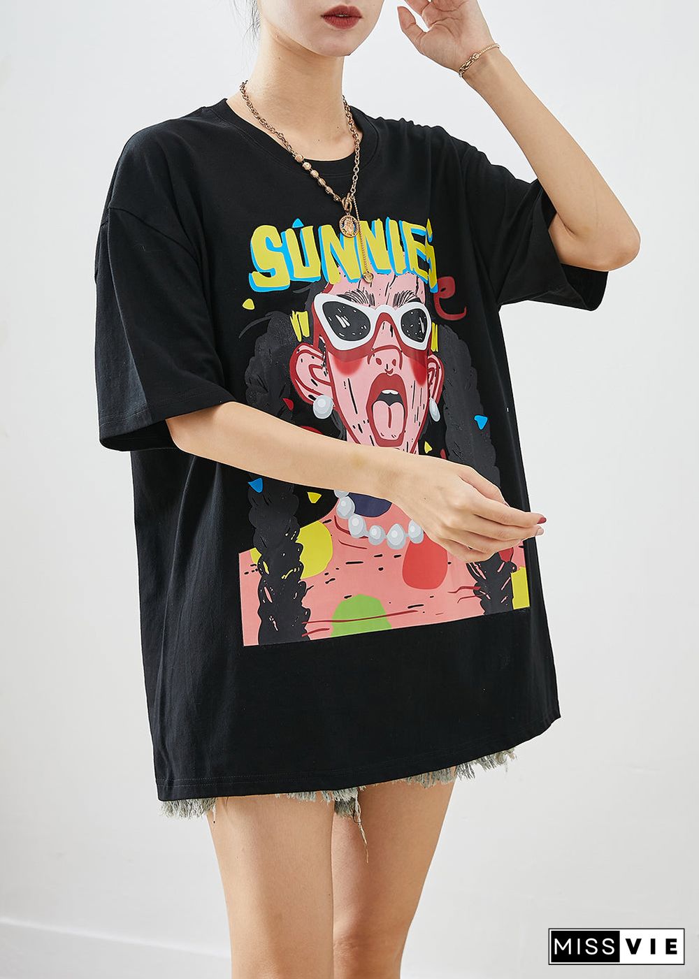 Black Print Cotton Tank Tops Oversized Summer