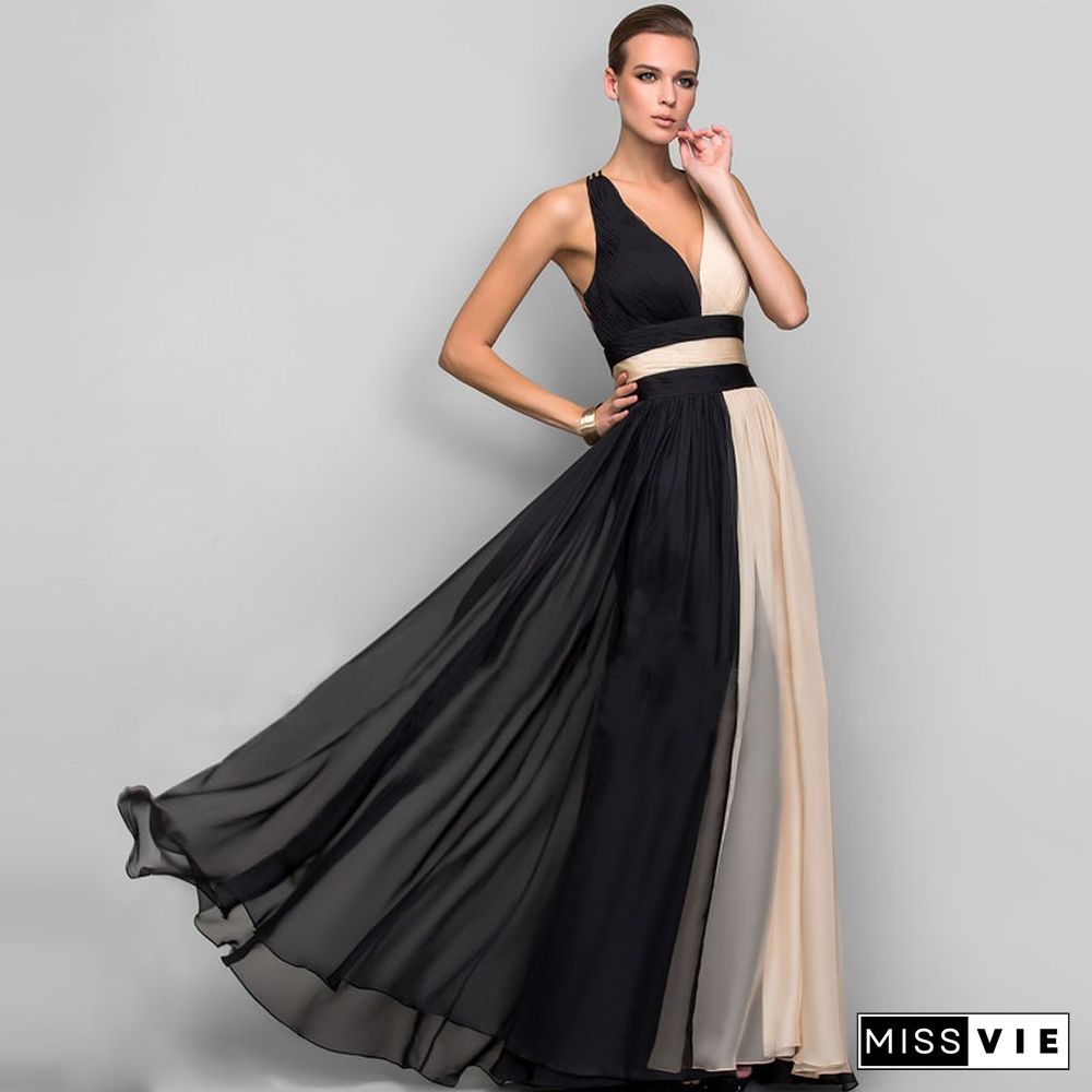 Slim Dress Sexy Sleeveless Color Matching Contrast Dress Long Skirt Black Dresses