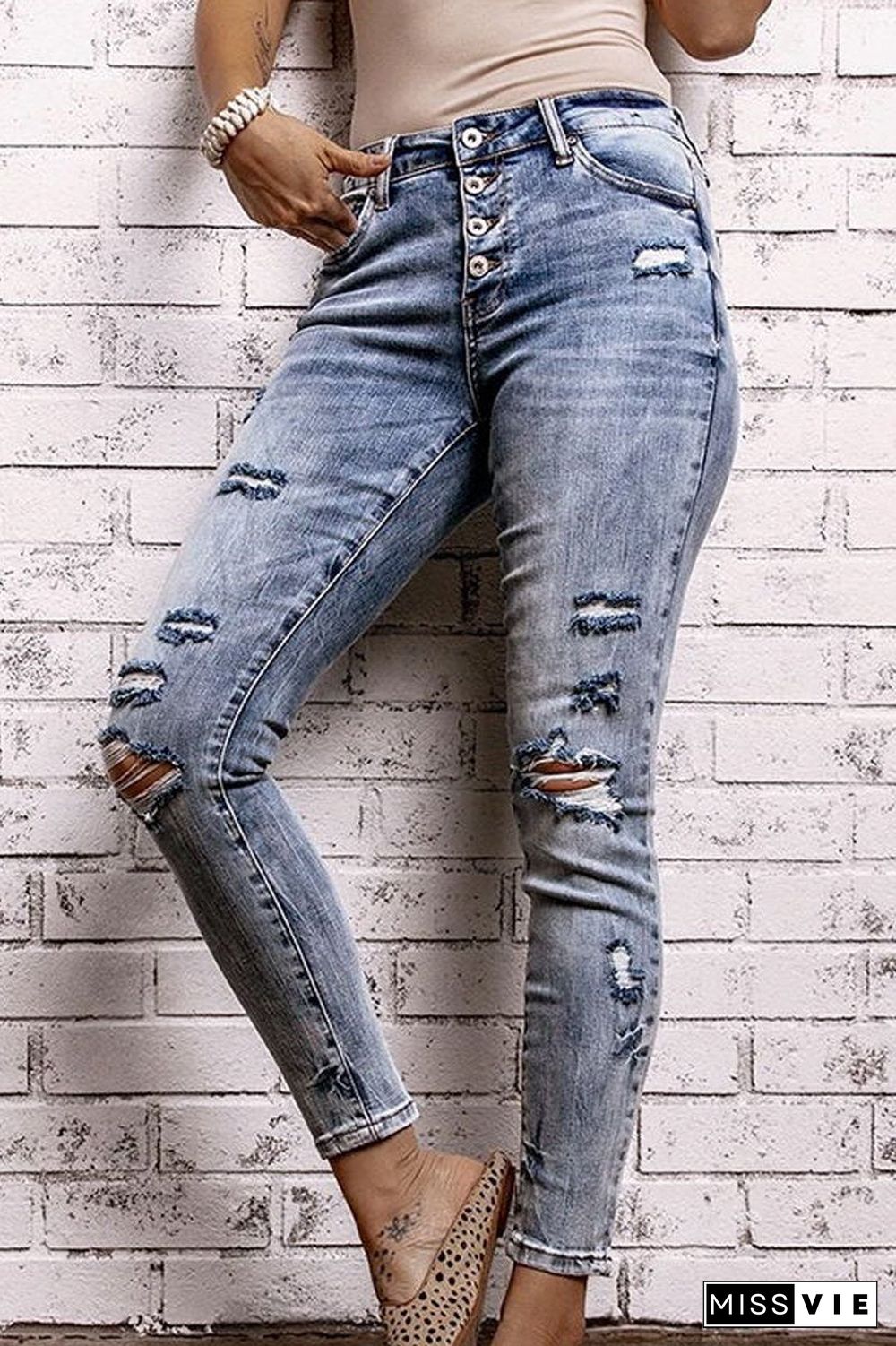 High Waist Denim Ripped Pants