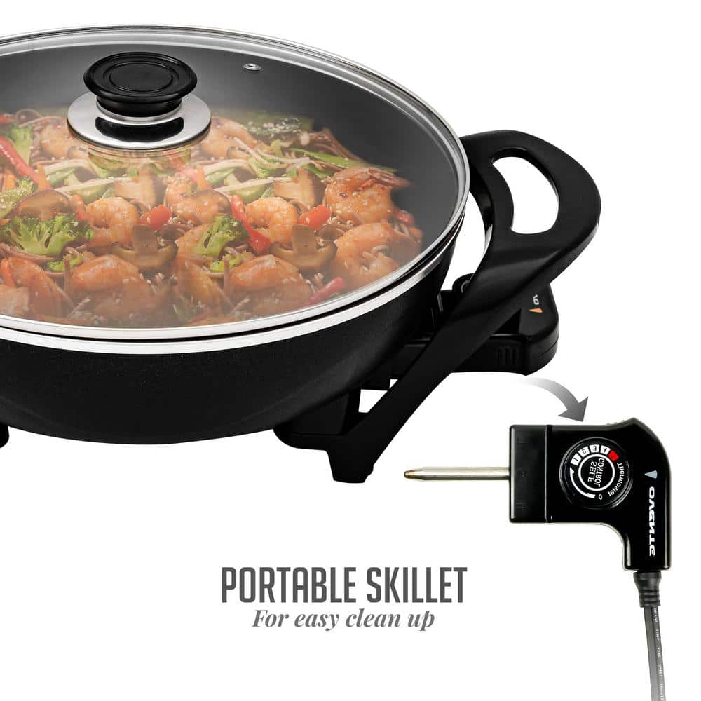 OVENTE 13 In. Black Non-Stick Electric Skillet with Aluminum Body Adjustable Temperature Controller Tempered Glass Cover SK3113B