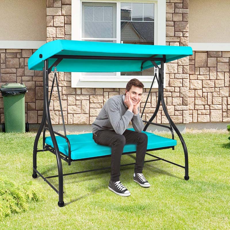 3-Seater Cushioned Metal Porch Swing with Adjustable Tilt Canopy, 2-in-1 Convertible Outdoor Patio Swing Chair Glider