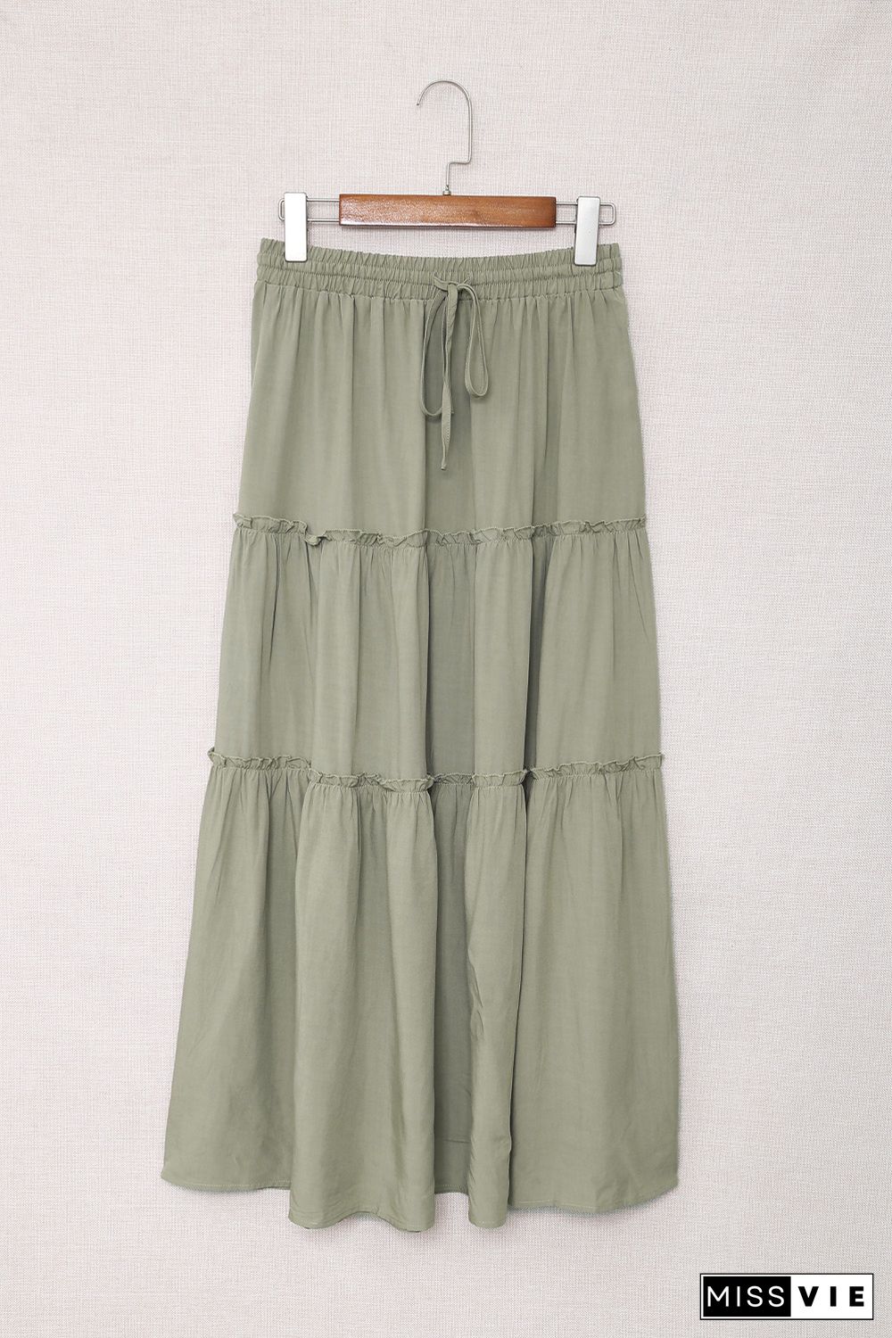 Green Solid Layered Ruffled Drawstring High Waist Maxi Skirt