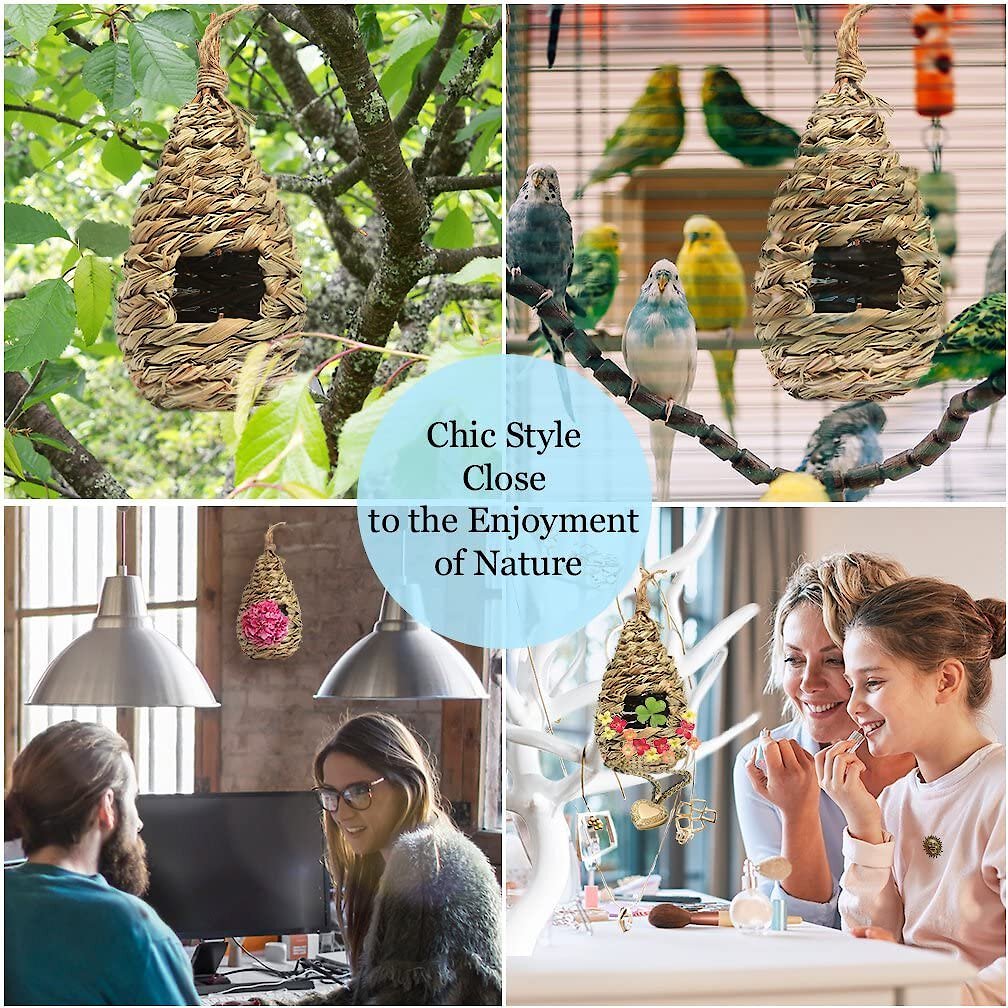 SunGrow Woven Nest， Food Feeder， Cage Accessory， Outdoor Hanging Finch and Hummingbird Bird House