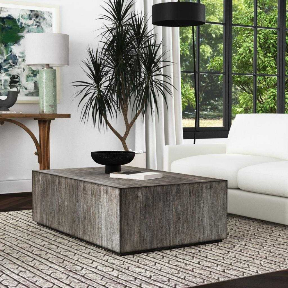 Modern Minimalist Wood Cube Block Coffee Table Solid Rectangle Gray Distressed   Transitional   Coffee Tables   by My Swanky Home  Houzz