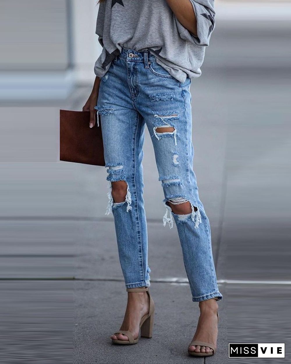 Ripped Cutout High Waist Button Design Jeans